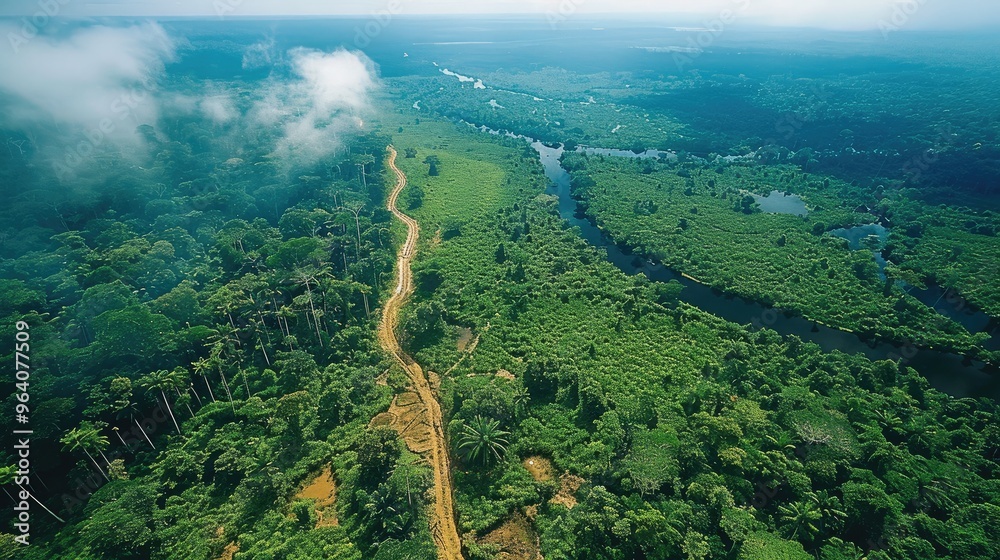 Poster Aerial view of the rainforest highlighting areas of deforestation and reforestation. Generative AI.