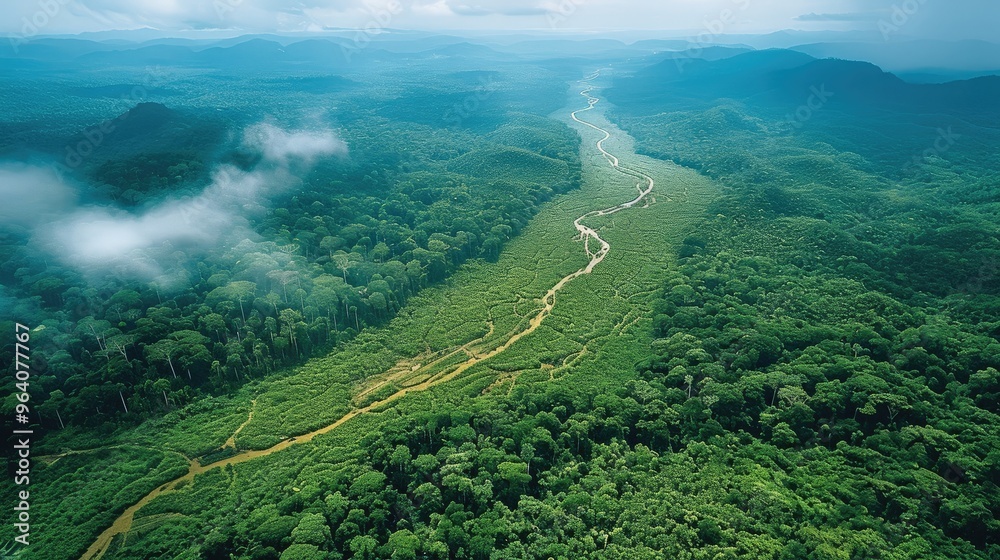 Poster Aerial view of the rainforest highlighting areas of deforestation and reforestation. Generative AI.