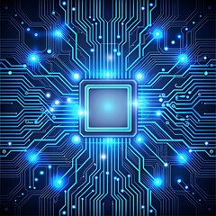 Obraz premium Abastract AI circuit board background. Technology connected blue lines with electronics elements on tech bg. Computer motherboard with a chip, processor, Ai Generated