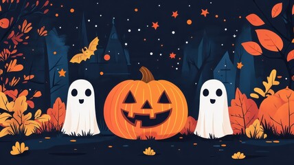 Halloween in flat design, bold colors, clean lines, modern pumpkins, minimalistic ghosts, vibrant style.