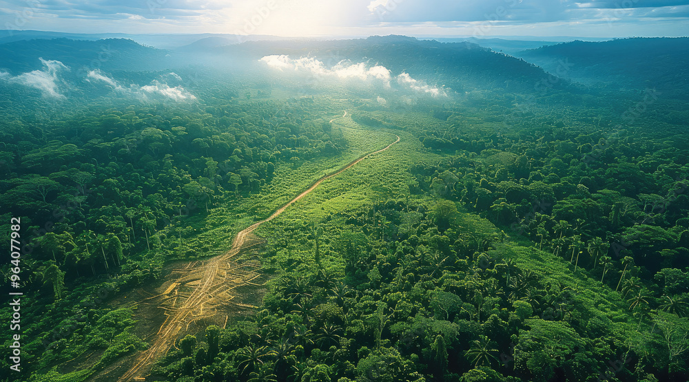 Poster Aerial view of the rainforest highlighting areas of deforestation and reforestation. Generative AI.