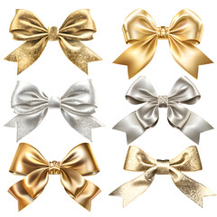 Collection of shiny gold and silver bows  isolated on transparent background