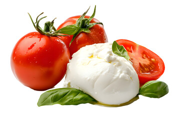 Fresh piece burrata cheese with basil and tomatoes close up  isolated on transparent background