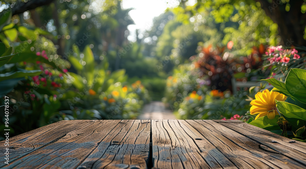 Aufkleber Wide angle blurred garden and on middle an empty table on focus for product presentation. Generative AI.