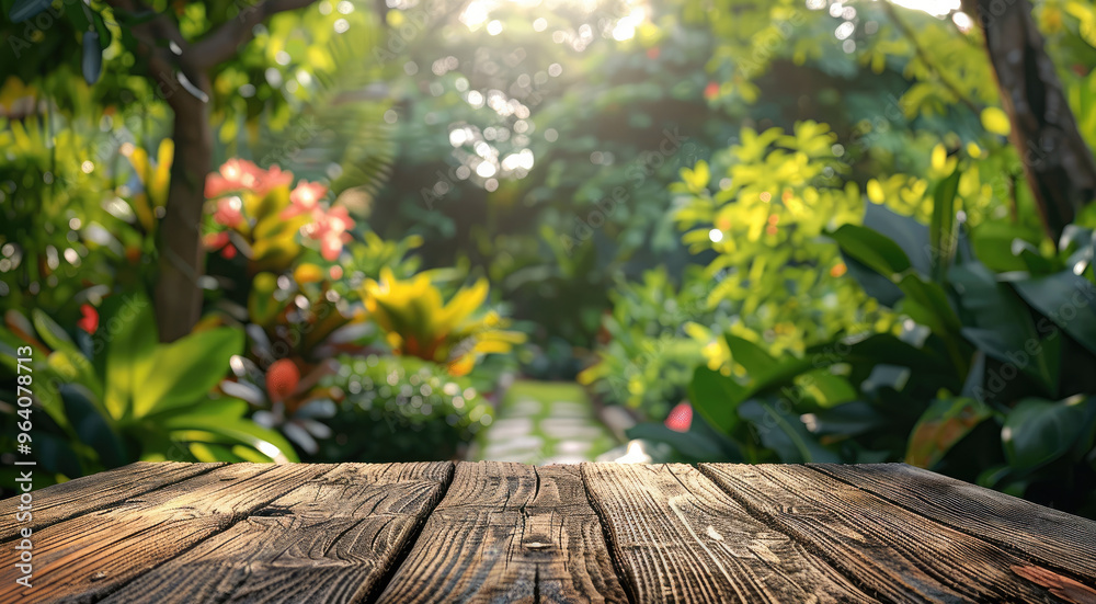 Aufkleber Wide angle blurred garden and on middle an empty table on focus for product presentation. Generative AI.