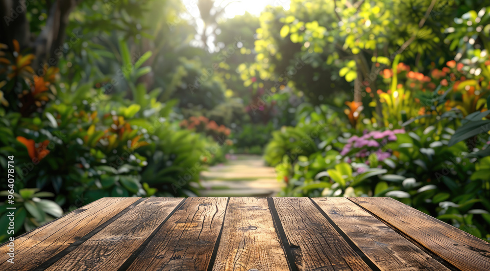 Aufkleber Wide angle blurred garden and on middle an empty table on focus for product presentation. Generative AI.