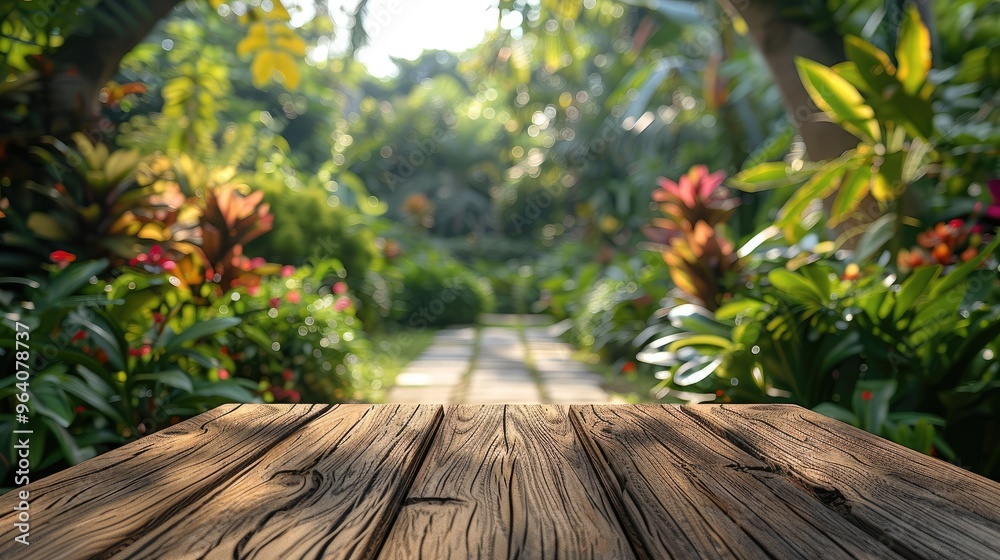 Aufkleber Wide angle blurred garden and on middle an empty table on focus for product presentation. Generative AI.
