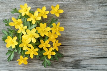 Obraz premium Vibrant yellow spring flowers on rustic wooden background