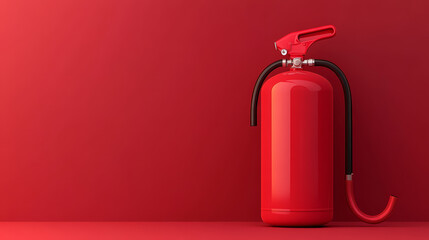 Obraz premium A bright red fire extinguisher stands against matching red background, symbolizing safety and preparedness.