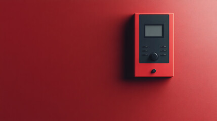 Fire alarm panel with alert on red wall, showcasing modern design.