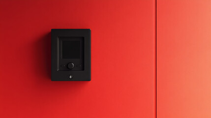 Fire alarm panel on vibrant red wall, showcasing modern design. sleek black device stands out, emphasizing safety and alertness.