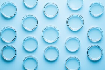 Crystal clear water in glass bowls on blue background