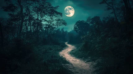 Selbstklebende Fototapeten Waldweg Moonlit pathway through dense forest  © Hafidhulkarim60
