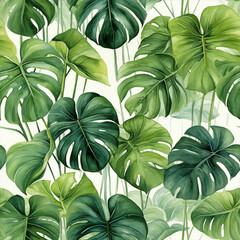 Tropical seamless pattern. Green exotic leaves. Monstera foliage. Jungle forest. Botanical design. Watercolor style. Image generated by AI technology