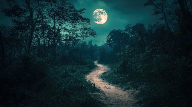 Moonlit pathway through dense forest - Powered by Adobe