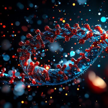 A vibrant and intricate representation of a DNA strand, showcasing its structure amidst a colorful, abstract background.