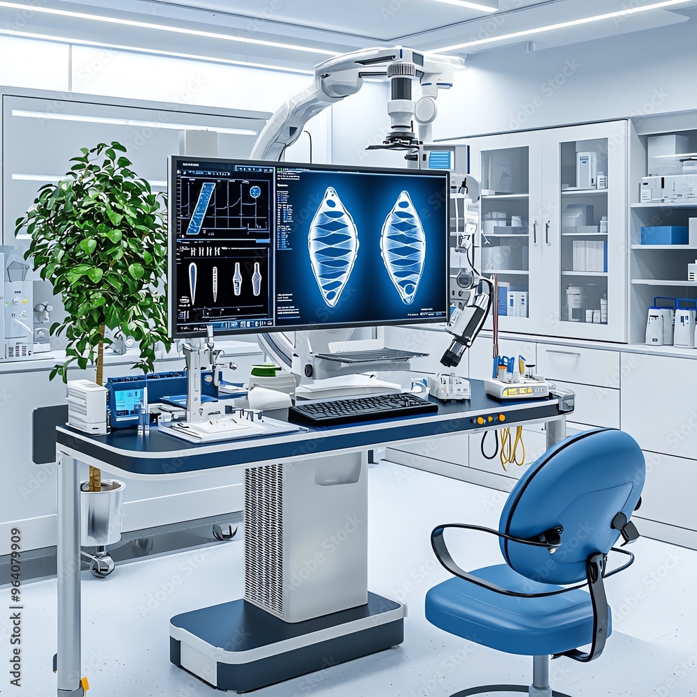 Wall mural modern laboratory with advanced microscope and digital display showcasing innovative research techno