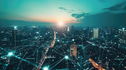 Fototapeta premium Smart Cityscape with Glowing Network Connections at Dusk