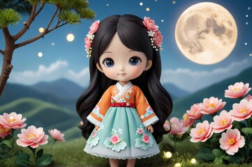 Cute little 3D doll in children's cartoon style, animated fantasy. Artistic background. Artistic illustration. Cartoon stylized illustrated art.