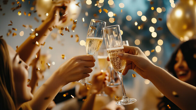 Vibrant New Year's Eve party with champagne toast and confetti