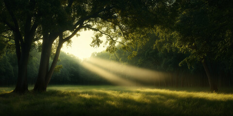 Obraz premium Misty Forest at Sunrise with Soft Sunlight