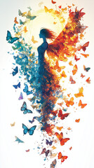Obraz premium A cartoon angel with translucent butterfly wings in vibrant colors glides through the air, her glowing wings and halo radiating calm and beauty.
