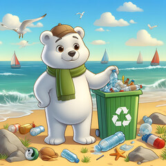 smiling polar bear helping clean the beach. recycle concept. Generative AI