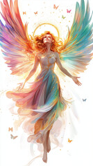 Obraz premium A cartoon angel with translucent butterfly wings in vibrant colors glides through the air, her glowing wings and halo radiating calm and beauty.
