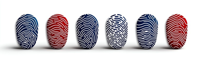 Colorful fingerprints in red, white, and blue showcasing individuality and identity against a clean background.