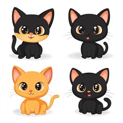 Vector illustration of cute cartoon cats in different colors and poses on a blue background
