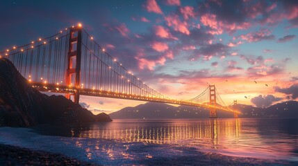 A suspension bridge lit up at sunset with pink and blue clouds.