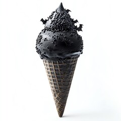 A black ice cream cone with bat-shaped sprinkles, Halloween theme, dark and mysterious, isolated on white background