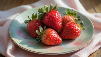 Bright and appetizing image of fresh strawberries arranged on a decorative plate. The strawberries' vibrant red color and glossy surface are highlighted, perfect for themes of freshness and healthy