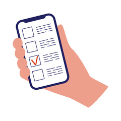 Voting online. A hand holds a phone with an electronic voting ballot.