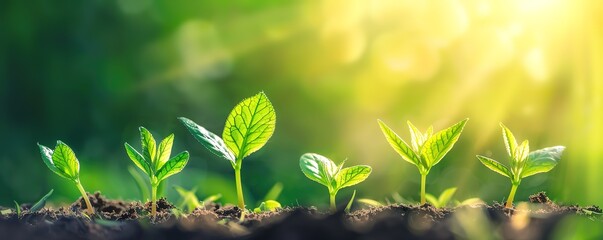 Closeup of young green plants growing in soil, with sunlight shining through the background. Concept of growth, new beginnings, and nature.