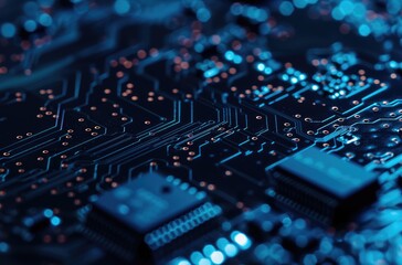 Close-up View of Blue Circuit Board Technology