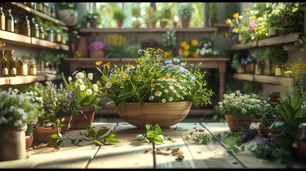 Fototapeta premium Home herbalist, Aromatic herbs growing on the kitchen table. Generative AI.