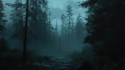 Fototapeta premium Moody forest at twilight with eerie glow