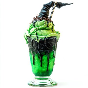A spooky ice cream float with green witch brew, Halloween theme, eerie and magical, isolated on white background