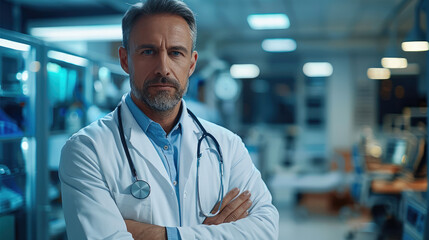 Fototapeta premium Confident doctor, medical technology scene. Generative AI.