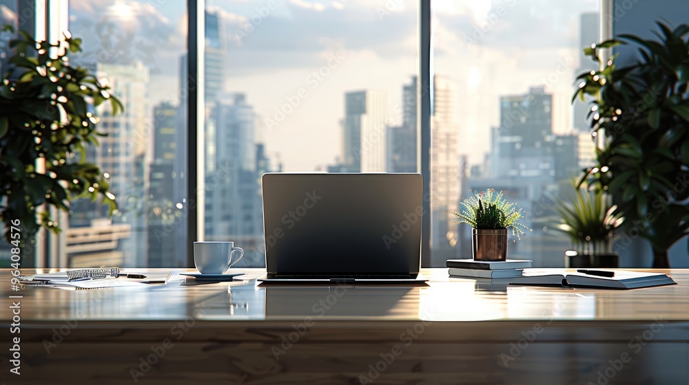 Aufkleber An office desk, front view, with an open laptop facing the camera. The desk also has a cup of coffee and a stack of documents. Background features a large window with a cityscape view. Generative AI.