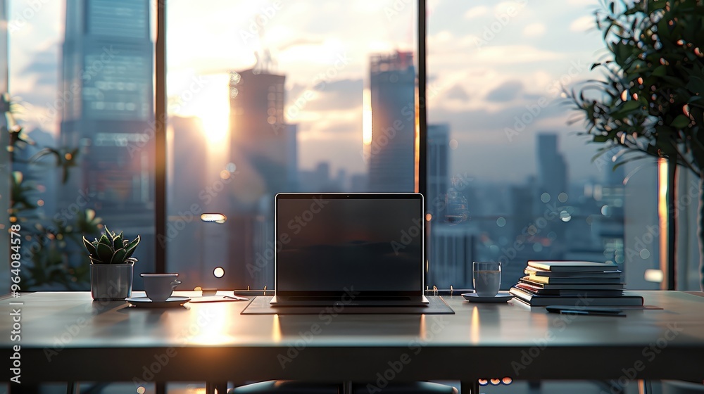 Aufkleber An office desk, front view, with an open laptop facing the camera. The desk also has a cup of coffee and a stack of documents. Background features a large window with a cityscape view. Generative AI.