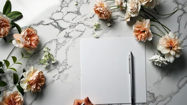 Creative writing session with a pen and blank page surrounded by fresh flowers