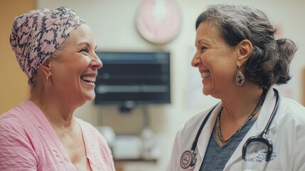 An emotional moment captured as a breast cancer survivor and a doctor share a light-hearted conversation during a follow-up visit in a bright consultation room illustrating the importance of ongoing