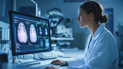 A medical technician in a modern clinic setting examining a mammogram snapshot on a computer screen, the room is well-lit with medical equipment in the background, and the focus is on the technicians