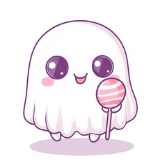 Obraz premium A cute ghost holding a candy, kawaii style, blush cheeks, pastel colors, isolated on white background
