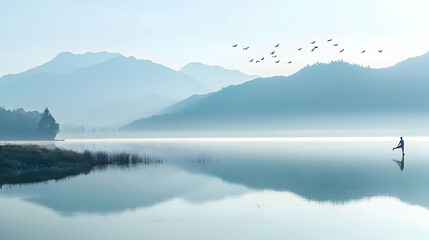 A man stretching by a quiet lakeside with calm waters and distant mountains bathed in the morning light as birds fly overhead
