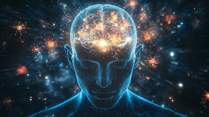Obraz premium Ludzkia głowa z mózgiem wypełnionym błyszczącymi, świecącymi neuronami. Ta wizualizacja przedstawia koncepcję głębokiego połączenia umysłu z innymi wymiarami i światami
