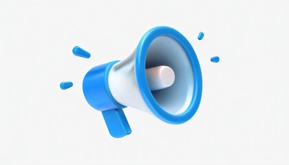 Blue megaphone isolated on a white background featuring a 3D icon representing communication and sound equipment used for announcements and internet-related purposes