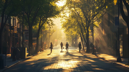 A peaceful urban scene with people walking on tree-lined streets as morning sunlight casts long shadows and a warm glow over the city